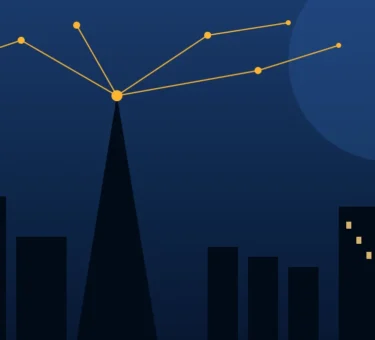 Stylized night skyline illustration with high-contrast dark building silhouettes, warm amber windows, glowing AI network nodes, and a crescent moon, representing the World AI Expo 2026 in Dubai
