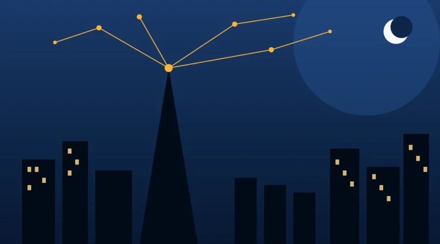 Stylized night skyline illustration with high-contrast dark building silhouettes, warm amber windows, glowing AI network nodes, and a crescent moon, representing the World AI Expo 2026 in Dubai